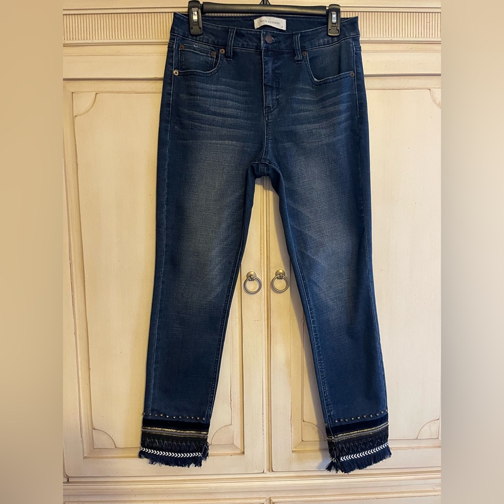 Blue Revival Women's Jeans Embellished Hem Sz 28 Edgy Moto Baddie Western Boho